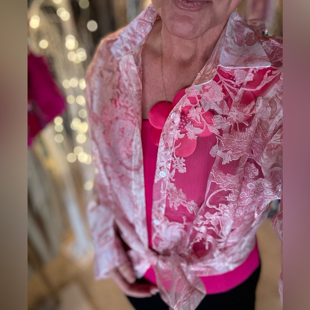 Clearly Pink Floral Inlay Organza Top, With Collar, Button Down